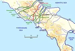 Map of Italy with coloured lines across the waist