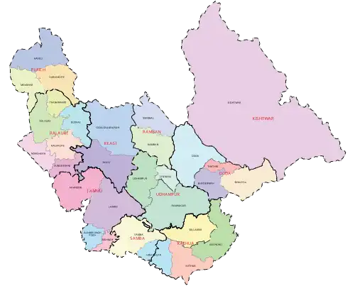 Districts (in red letters) & Sub-districts (in back letters) of Jammu division in 2013