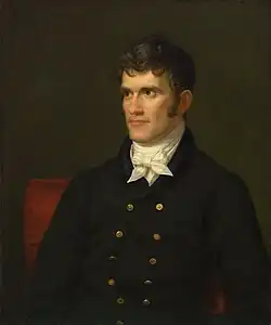 oil painting, 3/4 left side profile, with tied white bow tie scarf and dark blazer with gold buttons. Clean shaven, brown hair, long sideburns
