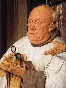 Jan van Eyck's Virgin and Child with Canon van der Paele (circa 1434–36) shows commissioner Joris van der Paele with reading glasses in hand.