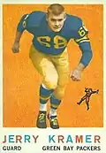 A color photo of Jerry Kramer running towards the camera, with the text "Jerry Kramer, Guard, Green Bay Packers" in a black bar below the photo.