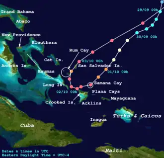 Map showing Joaquin's clockwise looping path over the southeast Bahamas as a major hurricane