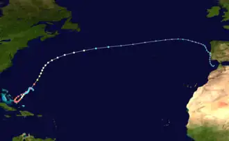 Path of Hurricane Joaquin across the North Atlantic Ocean