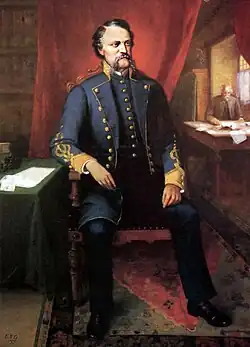 Painting of middle-aged man with brown, bushy mustache. Wearing Confederate general's uniform.