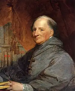 A painting of an elderly Carroll seated wearing a long gray robe.