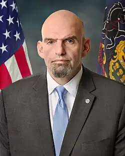 The senior senator from Pennsylvania, John Fetterman, in his official portrait, taken in 2023 after his election to Congress.
