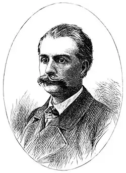 An illustration of a mustached man in an oval frame. The text "J. W. De Forest" is printed at the bottom and a bald man in a dark suit looks to the right.