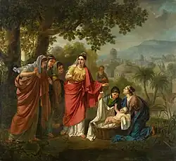 A detailed colorful painting, of several men and women alongside a river. A baby is in a basket.