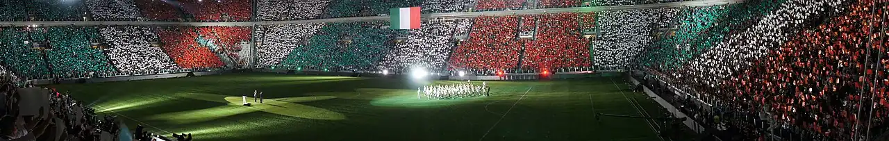 A panorama overview of the Juventus Stadium during its opening ceremony with a Italian banner choreography.