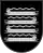A coat of arms depicting four grey horses with red eyes galloping both to the left and to the right all on a black background