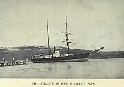 Black-hulled two-masted steam-and-sail ship emerging from a harbour, with low hills in the background