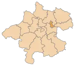 The city’s territory, highlighted on a map of Upper Austria, with the borders of the surrounding districts visible