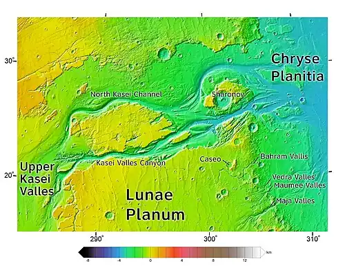 Area around northern Kasei Valles, showing relationships among Kasei Valles, Bahram Vallis, Vedra Valles, Maumee Valles, and Maja Valles. Map location is in Lunae Palus quadrangle and includes parts of Lunae Planum and Chryse Planitia.