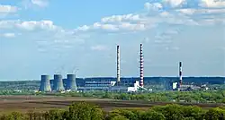 Kashira Power Plant with one chimney serving also as high voltage pylon