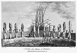 A 1782 illustration of a heiau temple in Hawaii