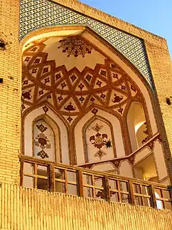 A vault of the Khaju Bridge, showing decorations on walls and ceiling