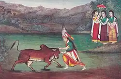 The hero of Meitei mythology, Khuman Khamba, capturing the bull Kao