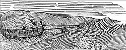 Black and white drawing of a ship with a single man inside being dragged across an ishtmus on trunks by several men.