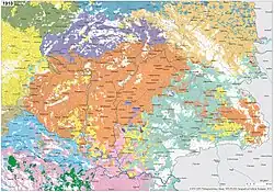 Ethnic map of the Kingdom of Hungary in 1910, based on the 1910 Hungarian census.
