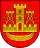 A coat of arms depicting a golden castle with three turrets surrounded with four golden stars all on a red background