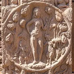 Lakshmi with lotus and two child attendants, probably derived from similar images of Venus[194]