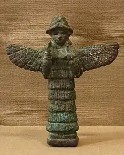 Bronze and baked clay statuette of winged protective goddess Lamma from ancient Iraq