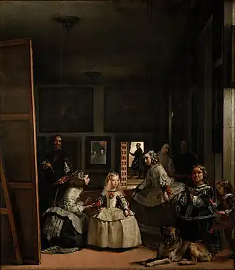 Painting of a large room with several people, including a girl in a white dress at the center