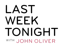 Graphic showing "Last Week Tonight" stacked in large black letters, and "with John Oliver" sitting below in smaller red text