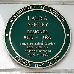 City of Westminster green plaque at 83 Cambridge Street, Pimlico, commemorating Laura Ashley