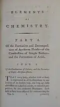 First page of "Elements of Chemistry in a Systematic Order Containing All the Modern Discoveries" (1790)