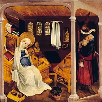 Discovering his wife's pregnancy and doubting her faithfulness before being reassured by an angel, Upper Rhenish Master, c. 1430