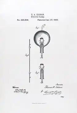 A diagram of a light bulb with Edison's name written above it the patent number and date are labeled.