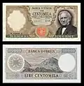 100,000&nbsp;lire – obverse and reverse – printed in 1967