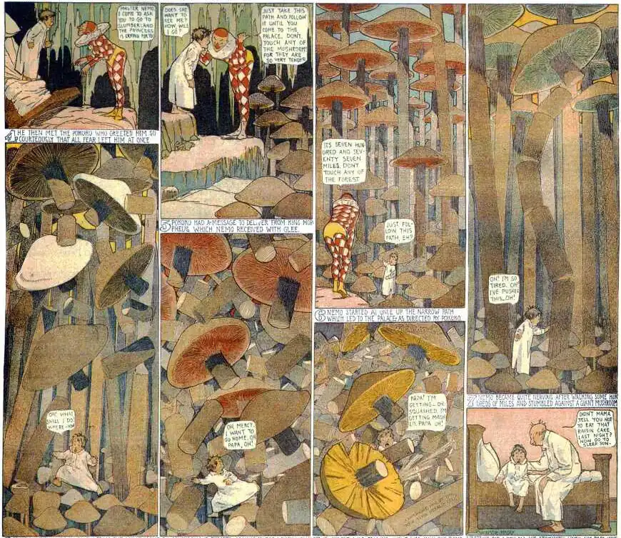 Little Nemo in Slumberland comic strip episode from October 22, 1905. Nemo dreams he is in a growing mushroom forest. Panels grow to accommodate the growing mushrooms.