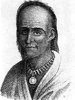 This lithograph of Little Turtle is reputedly based upon a lost portrait by Gilbert Stuart that was destroyed when the British burned Washington in 1814.[56]