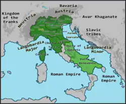 The Lombard Kingdom in 740, under King Liutprand