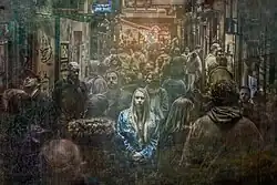 Artwork showing a lonely woman in the midst of a crowd