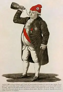 Tinted etching of Louis XVI, 1792, with a Phrygian cap.