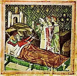 A crowned woman lying in a bed and stretching her hands towards a crowned baby held by a woman