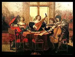 Painting by Abraham Bosse, Musical Society, French, c. 1635. The subject matter depicts amateur social music making, featuring a lute, bass viol, and singers, with part books spread around the table. This is also representative of one kind of broken consort, albeit with minimal instrumentation.