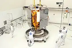 Technicians prepare MESSENGER for transfer to a hazardous processing facility