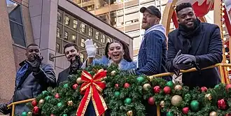 Pentatonix at the Macy's Thanksgiving Day Parade in 2023. From left to right: Matt Sallee, Mitch Grassi, Kirstin Maldonado, Scott Hoying and Kevin Olusola
