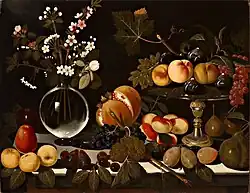 Still life with figs, peaches and grapes by Caravaggio, c. 1600-02