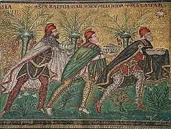 The biblical "three wise men" with Phrygian caps to identify them as "orientals". 6th-century, Basilica of Sant'Apollinare Nuovo in Ravenna, Italy.