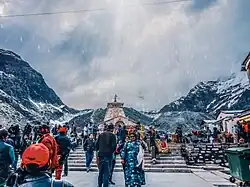 View of Kedarnath Temple during snowfall