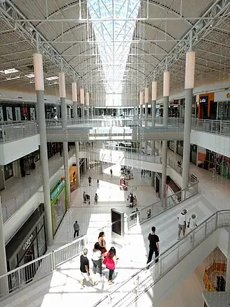 A white, three-level corridor of a shopping mall.