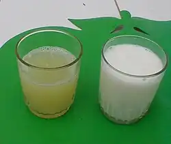Serous exudate from bovine udder in E. coli mastitis[59] at left. Normal milk at right.