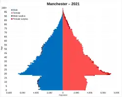 A population pyramid that is fairly symmetrical and slowly widens as it goes down before suddenly dropping off and becoming fairly regular again.