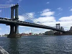 The Manhattan Bridge located in East River, New York, US, as viewed from the south.