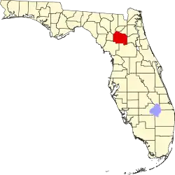 A state map highlighting Alachua County in the corner part of the state. It is medium in size.